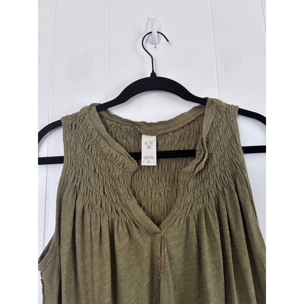 We The Free Free People Olive Green Linen Blend Smocked Tank Top Medium - Picture 3 of 5